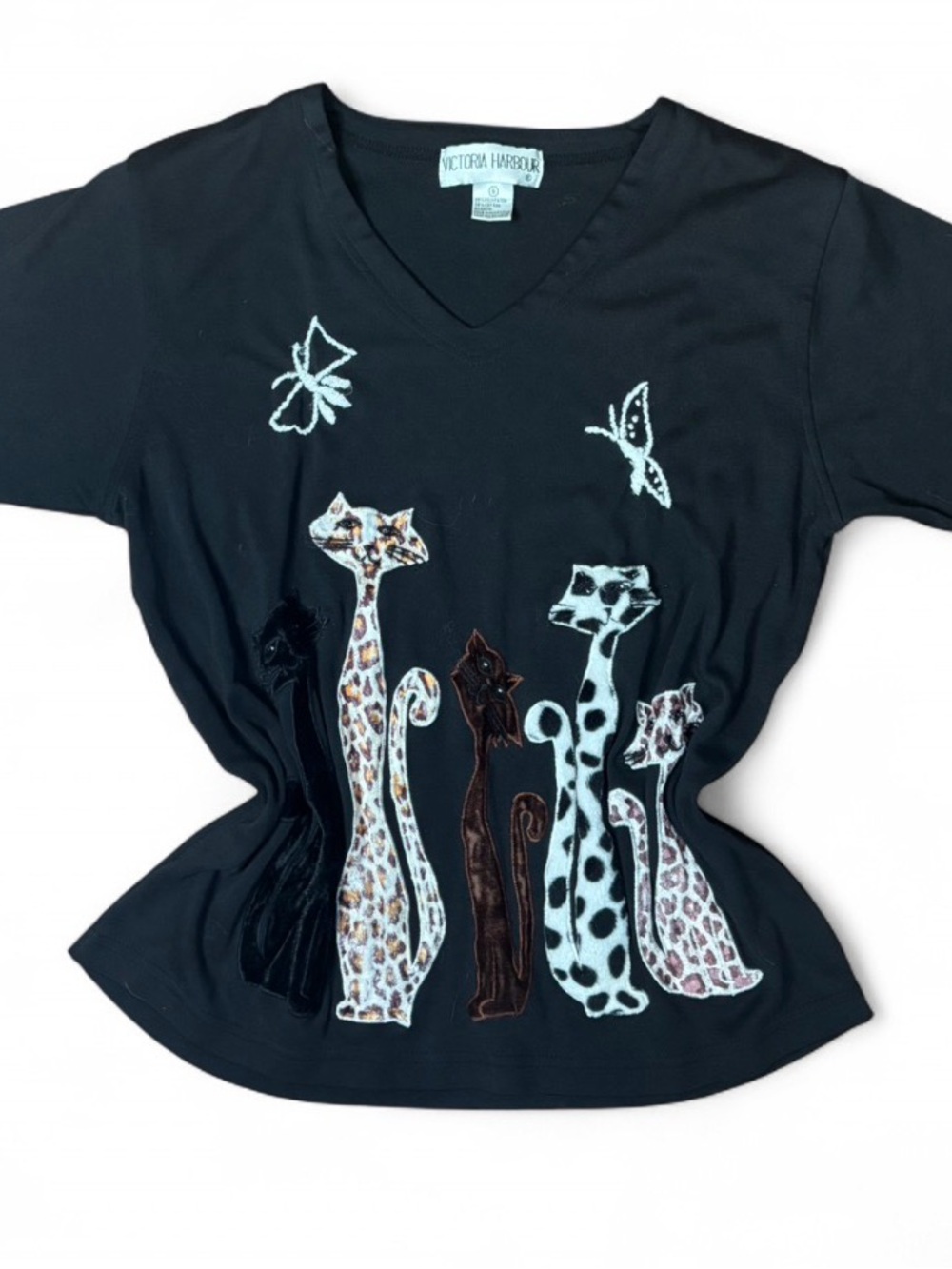 Victoria Harbour Black Cat Appliqué V-Neck Blouse with various prints size small